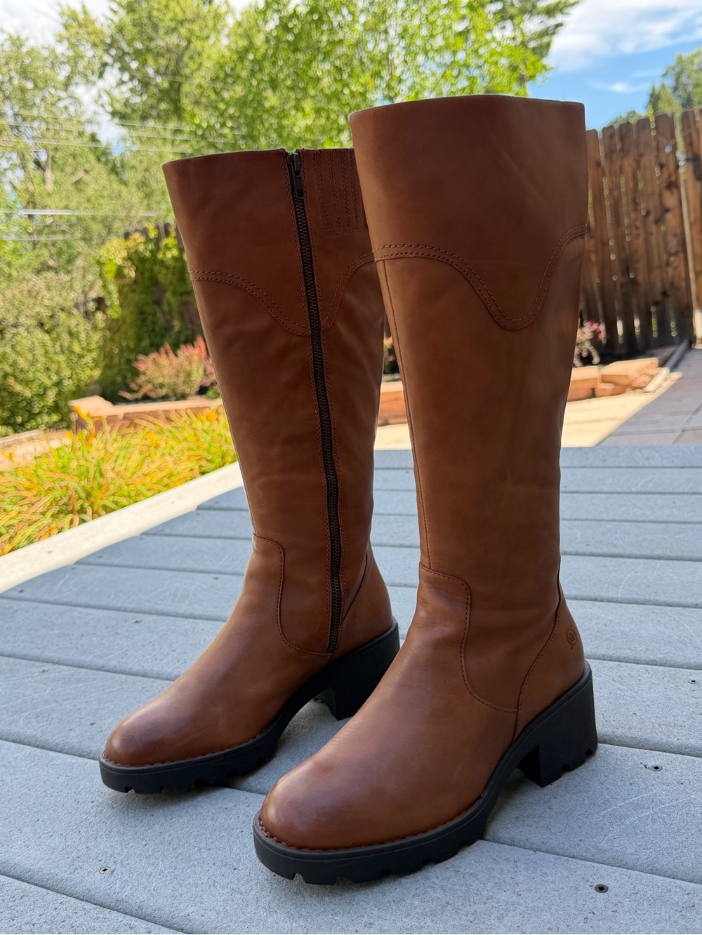 Born Tall Tan Leather Heeled Boots with Lug Sole